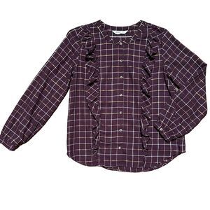 Sonoma Ruffled Flannel Top Womens S Maroon Plaid Button Up Shirt Blouse Small